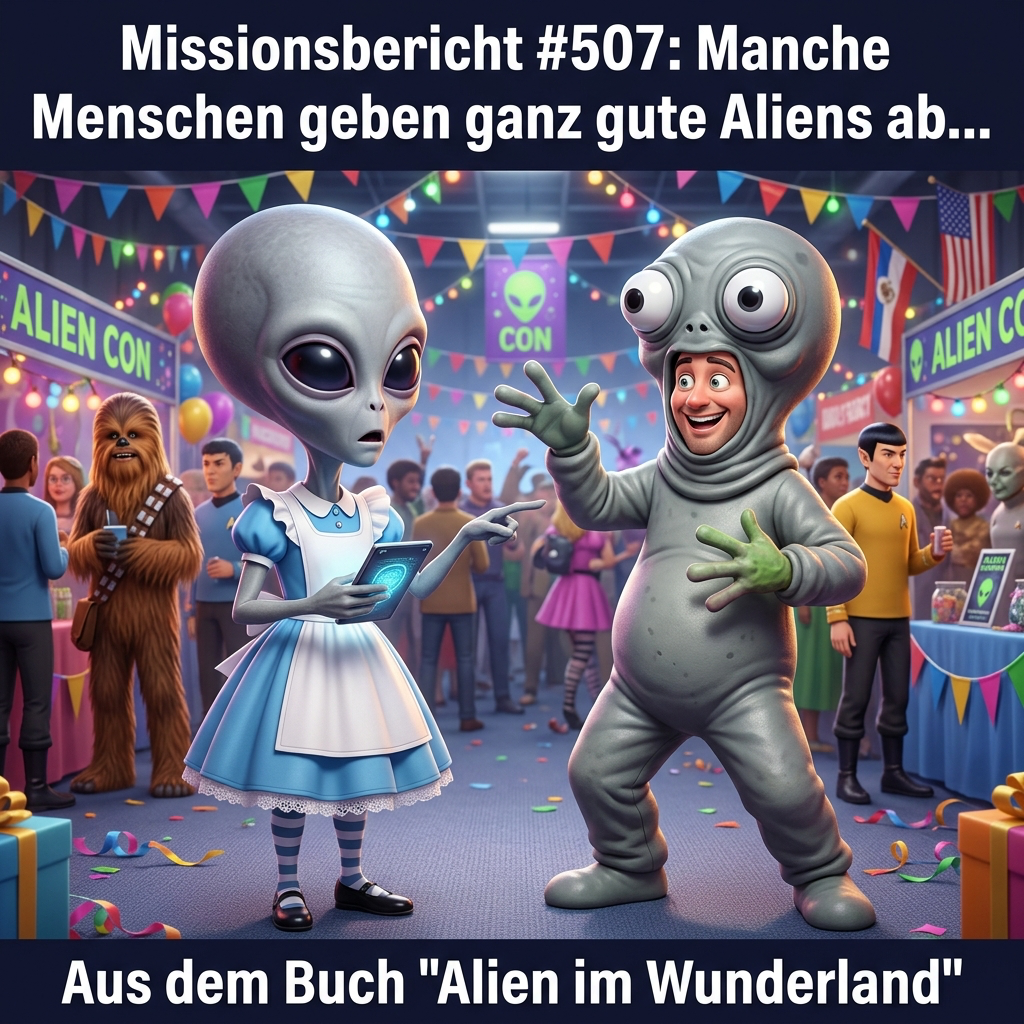 Kirk-Meme: Auf einer Alien-Convention steht ein echtes Alien neben einem als Alien verkleideten Menschen und stellt fest, dass manche Menschen ganz gute Aliens abgeben &ndash; aus dem Roman Alien im Wunderland